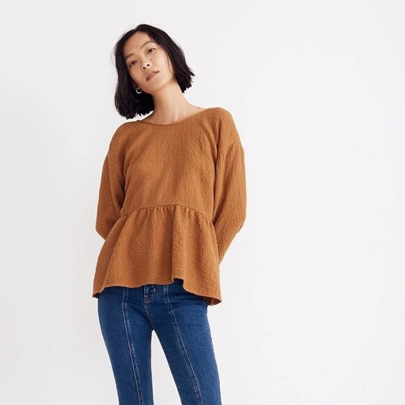 Madewell Brown Crinkled Peplum Blouse XS Long Sleeve Textured Tie-Back Top - Picture 1 of 9